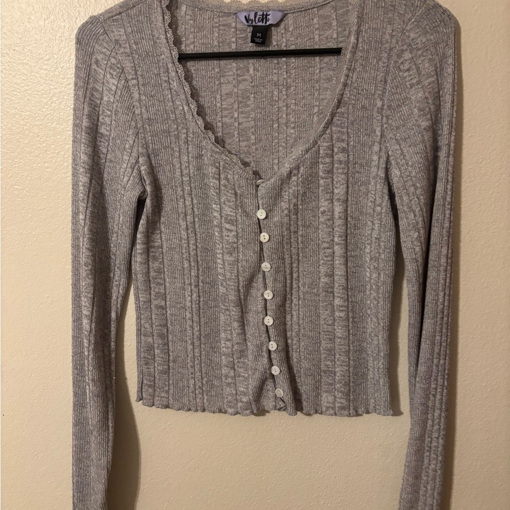 LOFT Light Gray Ribbed Cardigan